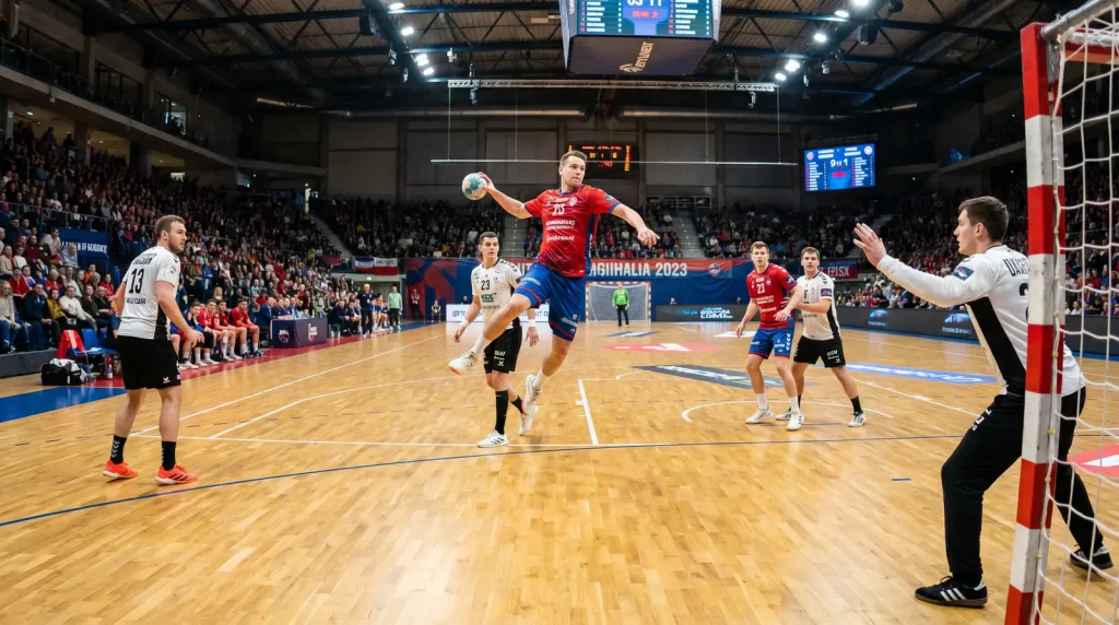 Двама хандбалисти от различни отбори в офанзивна игра